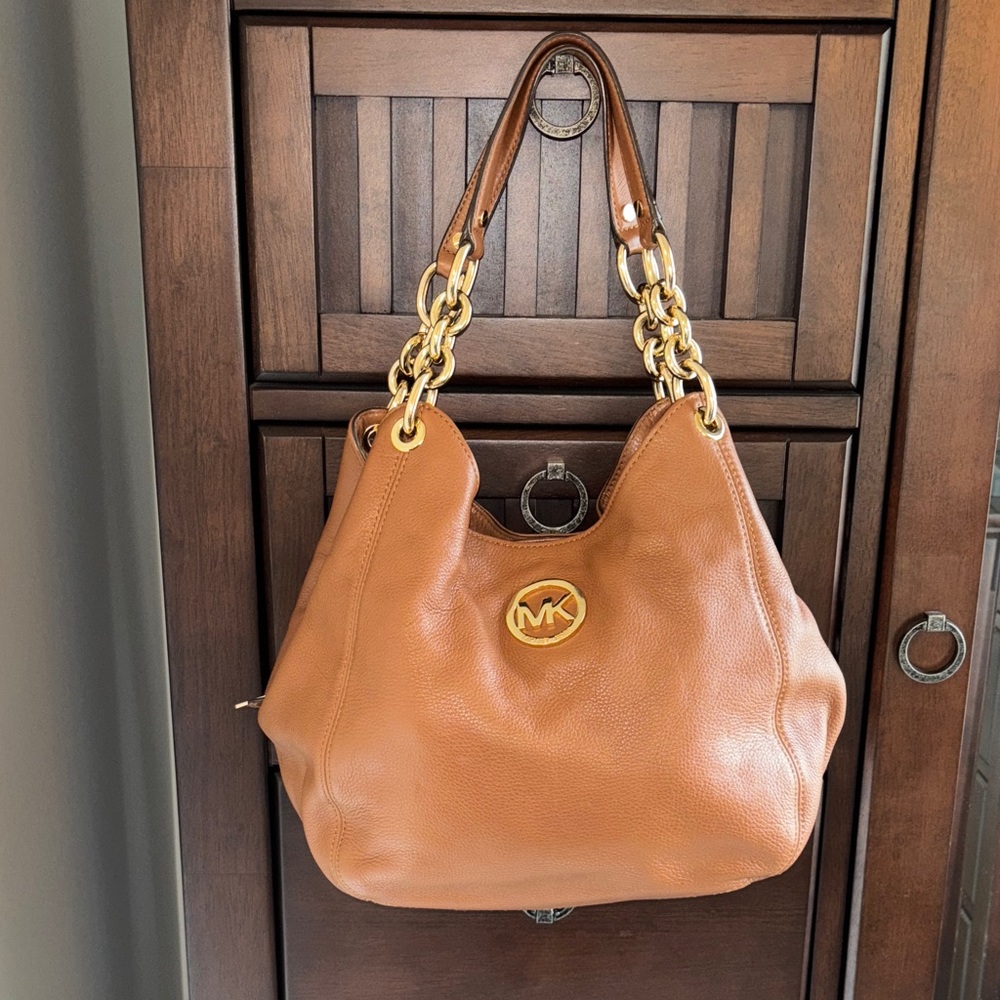Michael Kors medium Lillie Brown Leather Shoulder Bag with Gold Accents
